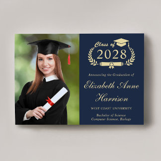Elegant Script Photo Blue Gold College Graduation Announcement