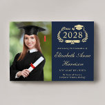Elegant Script Photo Blue Gold College Graduation Announcement<br><div class="desc">Modern dark blue college graduation announcement featuring "Class of" in a light gold illustration of laurel wreath incorporating a grad cap topper and diploma,  a photo of the graduate and their name in an elegant light gold script. Add their school,  major,  honors or future plans.</div>