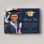 Elegant Script Photo Blue Gold Graduation Thank You Card<br><div class="desc">Modern dark blue graduation thank you card featuring a gold grad cap topper,  a photo of the graduate,  "Thank You" in an elegant light gold script,  and a customized thank you message and the grad's name in light gold typography.</div>
