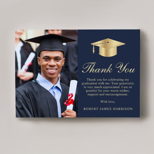 Elegant Script Photo Blue Gold Graduation Thank You Card