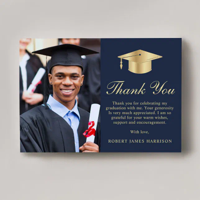 Elegant Script Photo Blue Gold Graduation Thank You Card | Zazzle