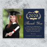 Elegant Script Photo Blue Gold Graduation Thank You Card<br><div class="desc">Modern dark blue graduation thank you card featuring "Class of" in a light gold illustration of laurel wreath incorporating a grad cap and diploma, a photo of the graduate, "Thank You" in an elegant light gold script, and a customized thank you message and the grad's name in light gold typography....</div>