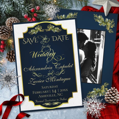 Elegant Script & Photo - Blue/Gold Save The Date