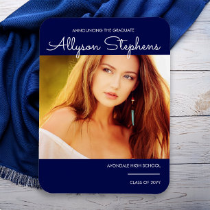 Elegant Script Photo Blue Graduation Announcement Magnet