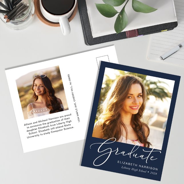 Elegant Script Photo Blue Graduation Announcement Postcard (Creator Uploaded)