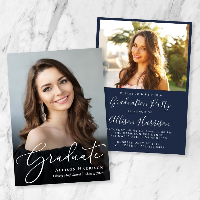 Elegant Script Photo Blue Graduation Party Invitation (An elegant photo graduation party invitation to celebrate the graduate's achievements)