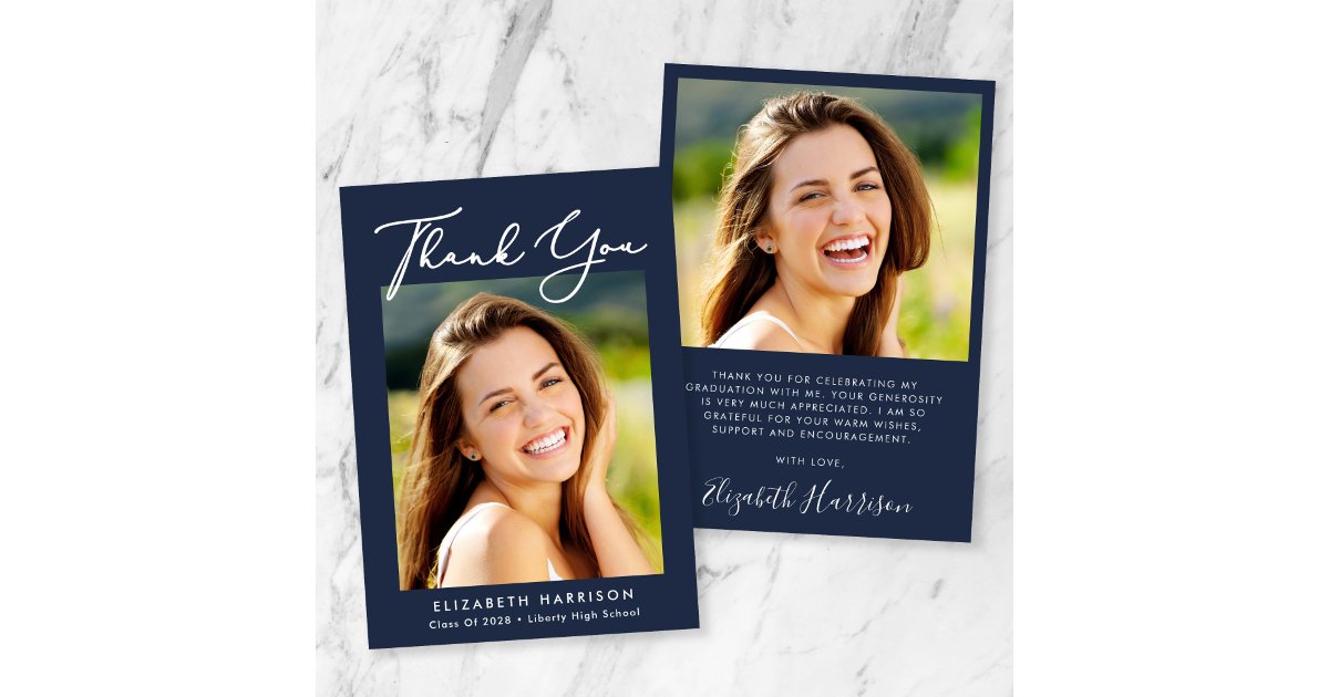 Elegant Script Photo Blue Graduation Thank You Card | Zazzle