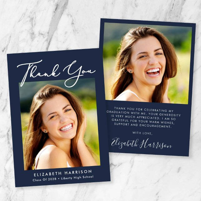 Elegant Script Photo Blue Graduation Thank You Card (Creator Uploaded)