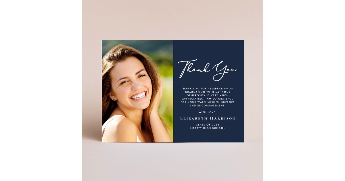 Elegant Script Photo Blue Graduation Thank You Card | Zazzle