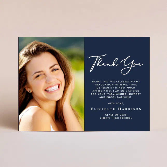Elegant Script Photo Blue Graduation Thank You Card | Zazzle