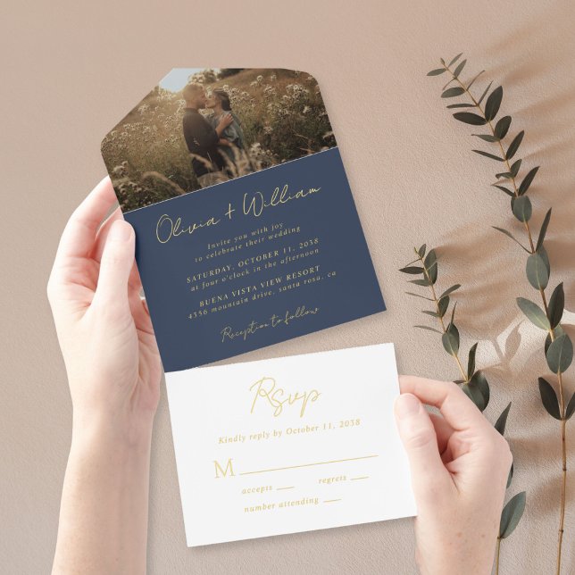 Elegant Script Photo Blue Wedding All In One Invitation (Creator Uploaded)