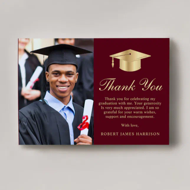 Elegant Script Photo Burgundy Gold Graduation Thank You Card | Zazzle