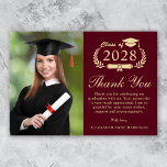 Elegant Script Photo Burgundy Gold Graduation Thank You Card<br><div class="desc">Modern burgundy red graduation thank you card featuring "Class of" in a light gold illustration of laurel wreath incorporating a grad cap and diploma, a photo of the graduate, "Thank You" in an elegant light gold script, and a customized thank you message and the grad's name in light gold typography....</div>