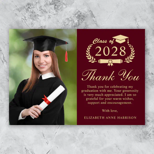 Elegant Script Photo Burgundy Gold Graduation Thank You Card | Zazzle