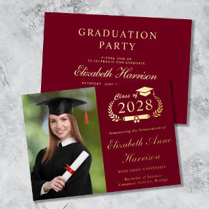Elegant Script Photo Burgundy Graduation Party Foil Invitation