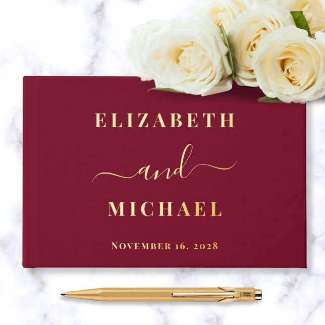 Elegant Script Photo Burgundy Wedding Foil Guest Book (Creator Uploaded)