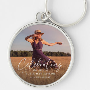 Elegant Script Photo Celebrating the Life of Keychain