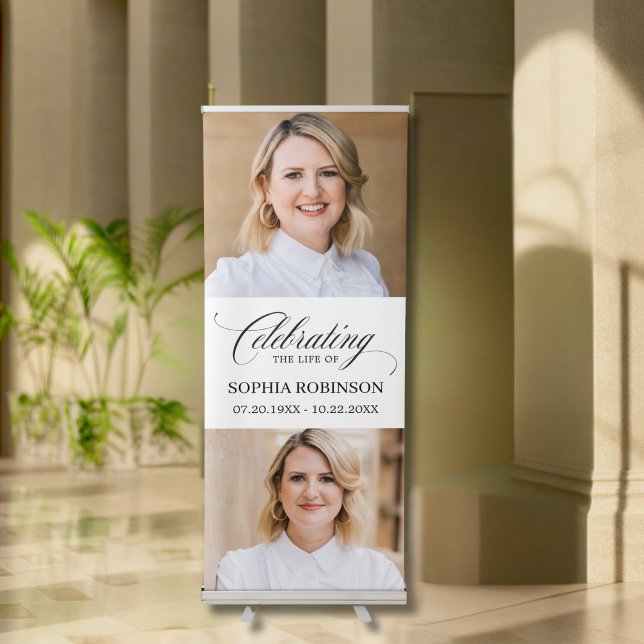 Elegant Script Photo Celebration of Life Funeral Retractable Banner (Creator Uploaded)