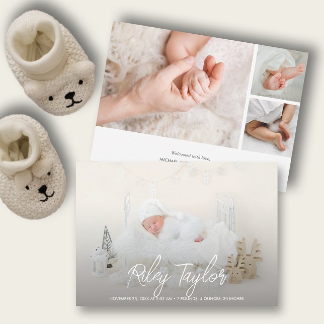 Elegant Script Photo Collage Birth Announcements (Elegant script birth announcements with one phone on the front and 3 on the back with your details)