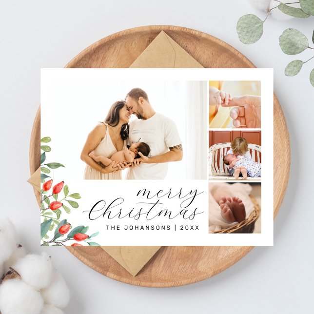 Elegant Script Photo Collage Botancal Christmas Holiday Postcard (Creator Uploaded)