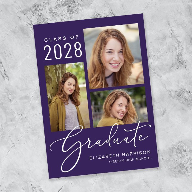 Elegant Script Photo Collage Purple Graduation Announcement (An elegant photo collage graduation announcement to celebrate the graduate's achievements)