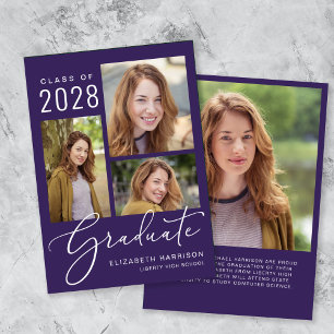 Elegant Script Photo Collage Purple Graduation Announcement