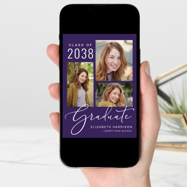 Elegant Script Photo Collage Purple Graduation Announcement (Front Digital)