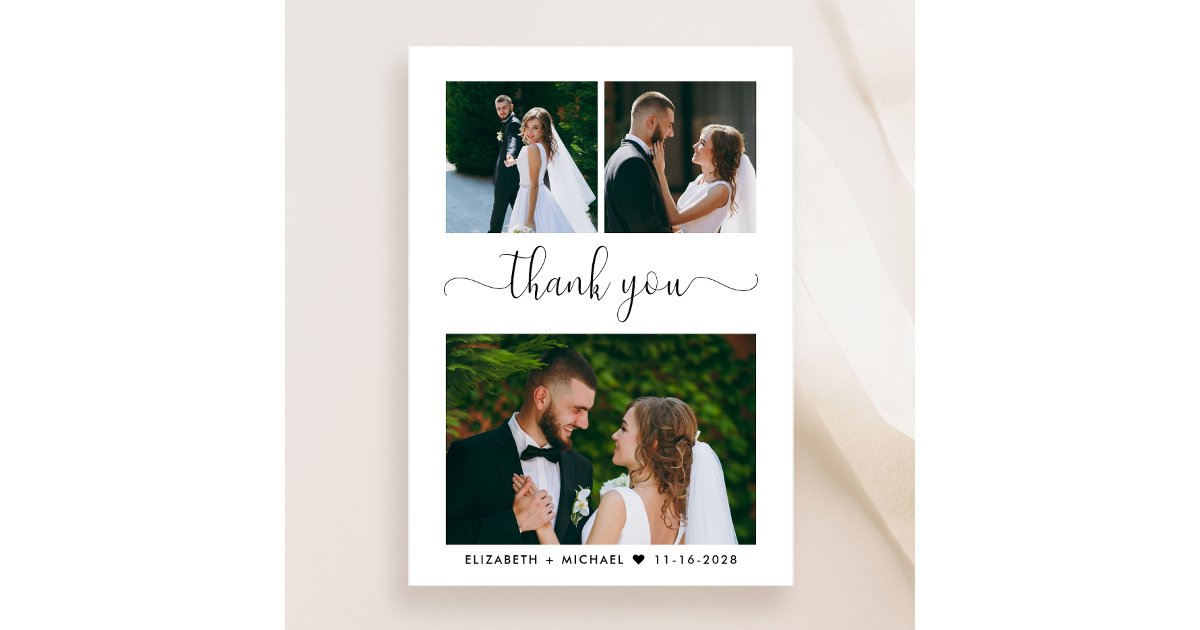 Elegant Script Photo Collage Wedding Thank You Card | Zazzle