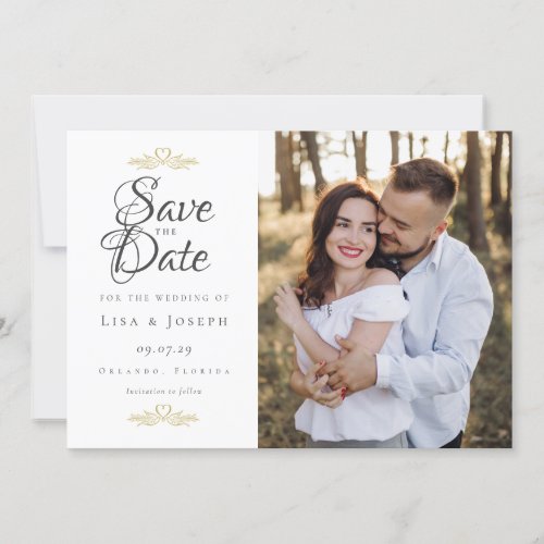 Elegant Script Photo Elegant Gold Doves Hearts  Save The Date