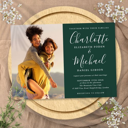 Elegant Script Photo Emerald Green Wedding Invitation
