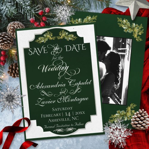 Elegant Script & Photo - Emerald/Silver Save The Date