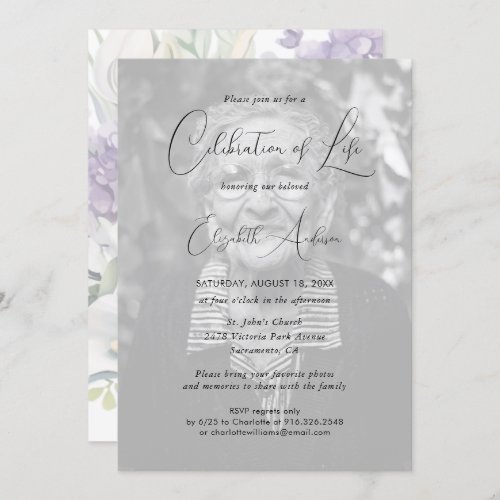 Elegant Script Photo Floral Celebration of Life Invitation