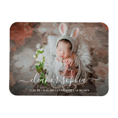 Elegant Script Photo Girl Birth Announcement Magnet