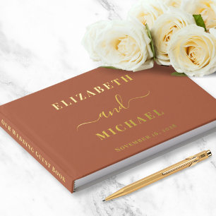 Elegant Script Photo Gold Foil Terracotta Wedding Guest Book