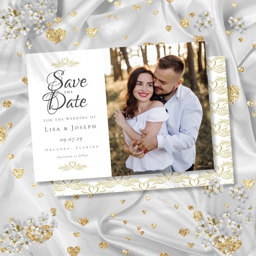 Elegant Script Photo Gold Heart Save the Date  Invitation