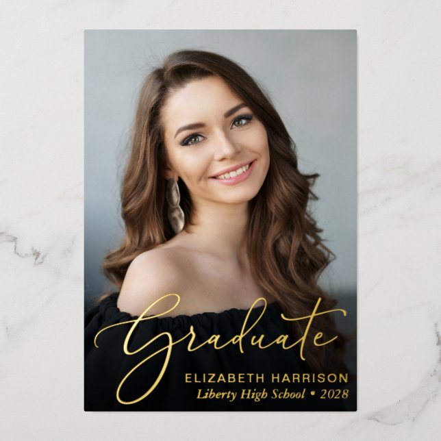 Elegant Script Photo Graduation Foil Invitation (Front)