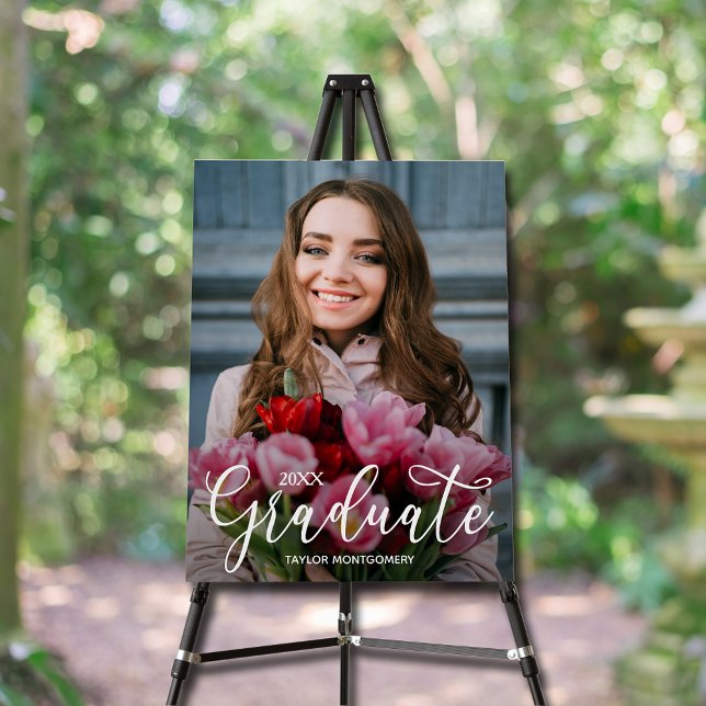 Elegant Script Photo Graduation Party Foam Board (Photo graduation party foam board sign with your details in chic white lettering)