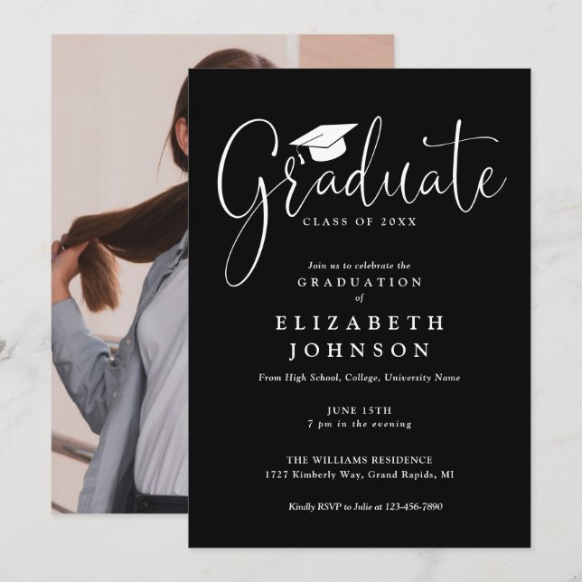 Elegant Script Photo Graduation Party Invitation (Front/Back)
