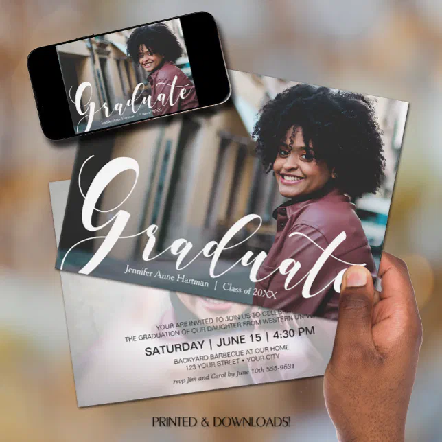 Grad Party Invite Script Elegant Script Photo Graduation Party Invitation | Zazzle