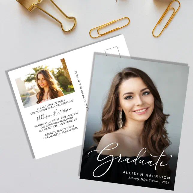 Elegant Script Photo Graduation Party Invitation Postcard | Zazzle