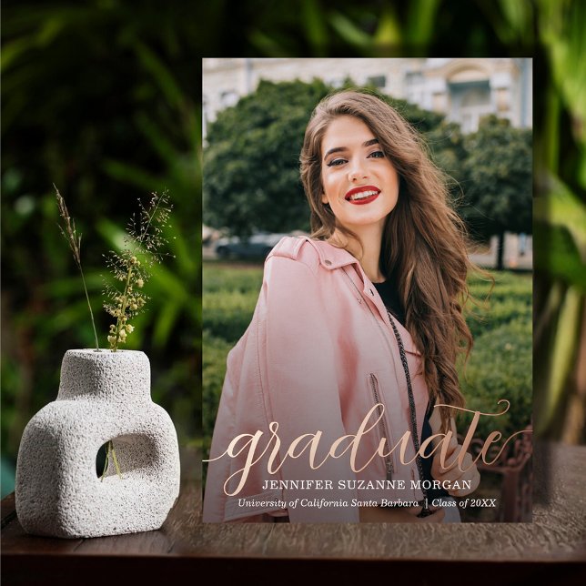 Elegant Script Photo Graduation Rose Gold Foil Invitation (Elegant script graduation REAL rose gold foil invitations with your party details on the back)