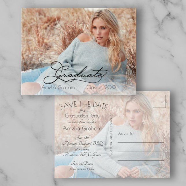Elegant Script Photo Graduation Save the Date Postcard (Creator Uploaded)