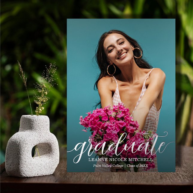 Elegant Script Photo Graduation Silver Foil Invitation (Elegant script graduation REAL silver foil party invitations with your party details on the back)