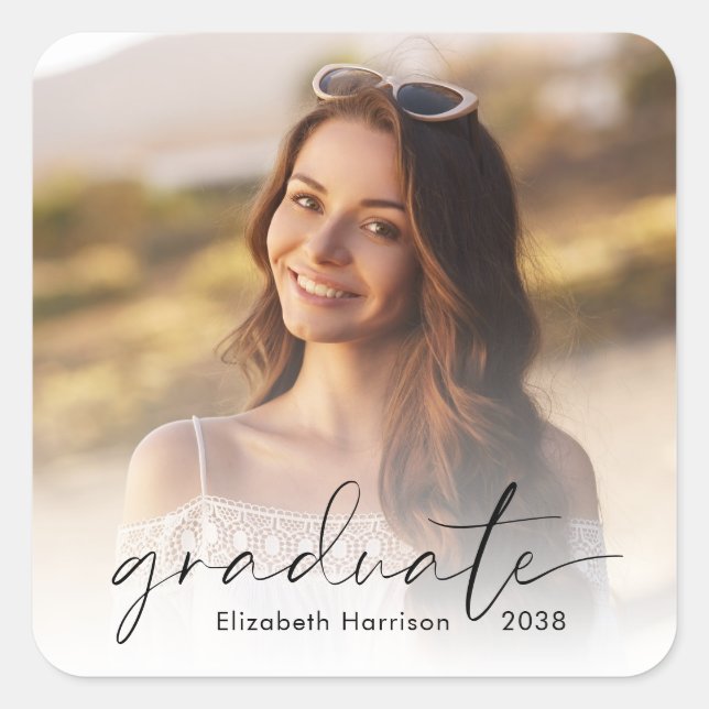 Elegant Script Photo Graduation Square Sticker (Front)