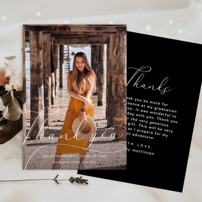 Elegant Script Photo Graduation Thank you Black Invitation (Creator Uploaded)