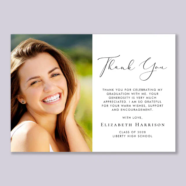 Elegant Script Photo Graduation Thank You Card | Zazzle