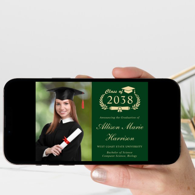 Elegant Script Photo Green College Graduation Announcement (Front Digital)