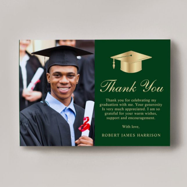 Elegant Script Photo Green Gold Graduation Thank You Card (Creator Uploaded)