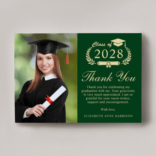 Elegant Script Photo Green Gold Graduation Thank You Card