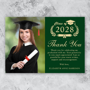 Elegant Script Photo Green Gold Graduation Thank You Card